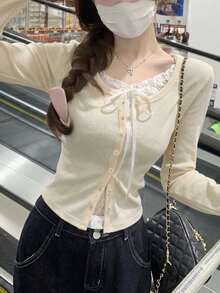 秋冬極簡性感蕾絲拼色鈕扣修身 2 合 1 長袖打底 T-shirt 上衣 - 杏色 - 查看 3