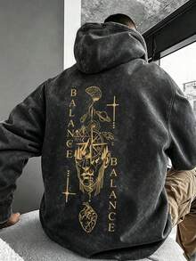 Men's Gold Artistic Pattern Hoodie, Casual Loose Fit Washed Pullover Sweatshirt - Black - View 1