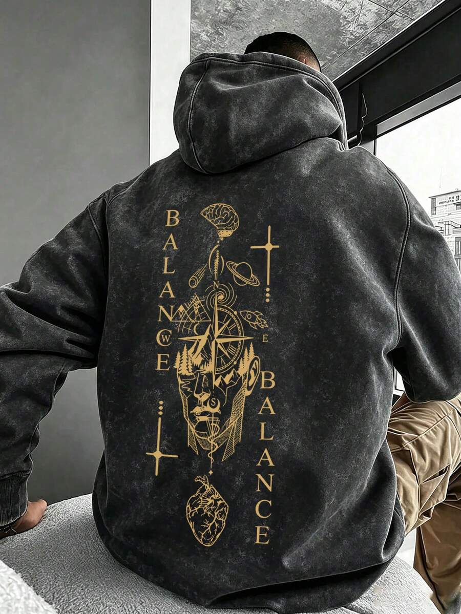 Men's Gold Artistic Pattern Hoodie, Casual Loose Fit Washed Pullover Sweatshirt - Black - View 1