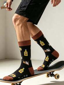 1 Pair Men's Whiskey Bottle Jacquard AB Side Mid-Calf Socks, Fun Personalized Casual Socks - Multicolor - View 3