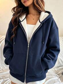 European And American Women's Navy Blue Hooded Drop Shoulder Loose Drop Shoulder Thickened Zipper Sweatshirt Casual Daily Commute Autumn Winter Christmas New Year Warm 2 In 1 Thermal Lined Jacket - Royal Blue - View 6