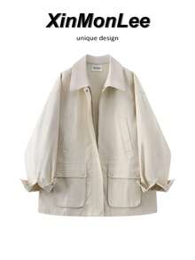 Korean Style Patchwork Lapel Denim Trench Coat Zipper Jacket, College Casual Vacation Spring Autumn - Apricot - View 1