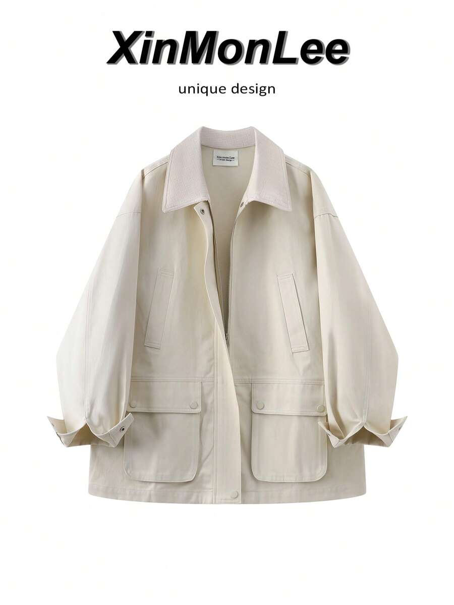 Korean Style Patchwork Lapel Denim Trench Coat Zipper Jacket, College Casual Vacation Spring Autumn - Apricot - View 1