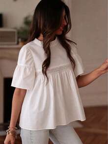 Plus Size Women's Turtleneck Short Sleeve Top With Ruffle, Patchwork And Lace Trim White Summer - White - View 1