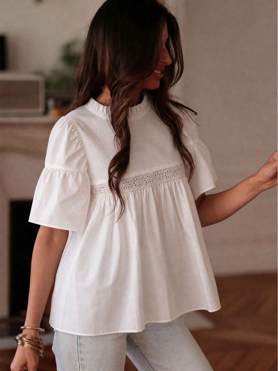 Plus Size Women's Turtleneck Short Sleeve Top With Ruffle, Patchwork And Lace Trim White Summer - White - View 1