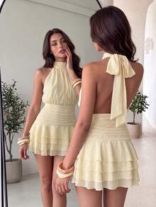 Elegant Yellow Halter Neck Backless Mini Dress With Layered Ruffle Hem, Suitable For Summer Party, Beach Vacation, Holiday And Graduation Wedding - Light Yellow - View 1