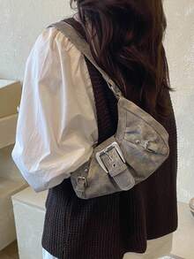 Fashionable Luxury Buckle Strap Baguette Bag Y2K Biker Shoulder Bag Suitable For Daily Casual Shopping - Grey - View 5