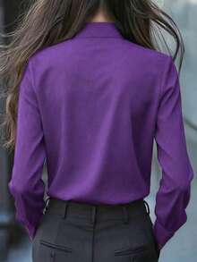 Plus Size Purple Bowtie Shirt With Bow And Ruffle Trim, Long Sleeve Regular Fit - Purple - View 3