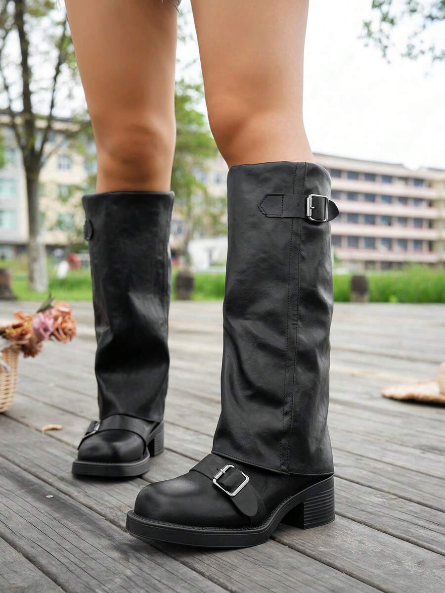 Women's Black Round Toe Block Heel Knee-High Boots, Chunky Square Heel ...