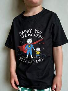男嬰夏季休閒短袖T恤，「DADDY IS MY HERO」印花圓領T恤，適合新生兒與幼兒 - 黑色 - 查看 2