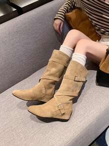 Women's Mid-Calf Boots Vintage Ruched Stacked Boots 2026 New Style Hidden Heel Cross Strap High-Top Boots Round Toe Versatile Western Cowboy - Camel - View 2