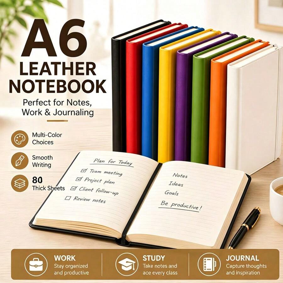 1pc A6 Hardcover Pocket Notebook, 80 Pages Portable Mini Notebook, Premium PU Cover With Elastic Band Design, Lined Pages, Suitable For Writers, Students And Professionals, Office Supplies, Independence Day Gift - Multicolor - View 1