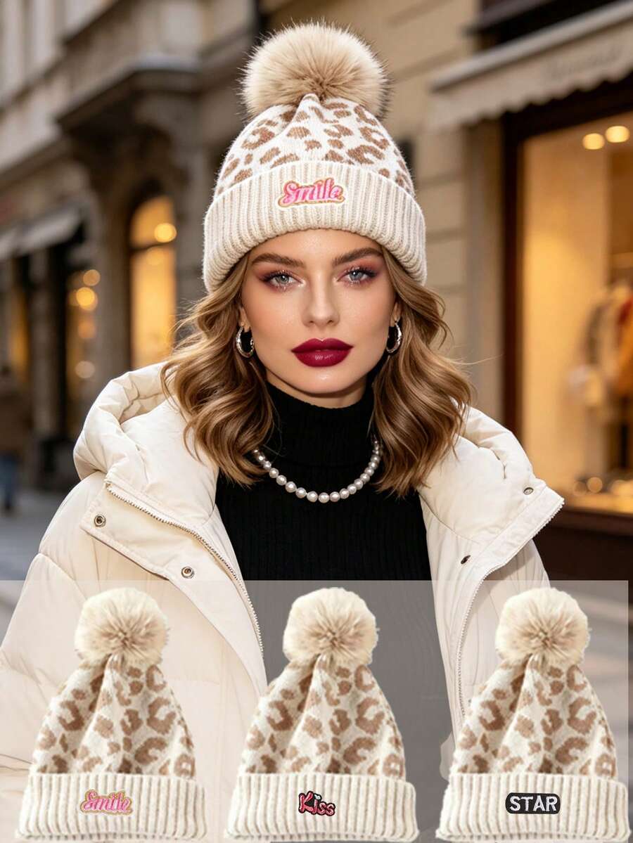 1pc Women's Autumn Winter Leopard Print Knit Beanie, Rolled Cuff Pom Pom Design Hatless Cap Halloween /Christmas - Multicolor - View 1