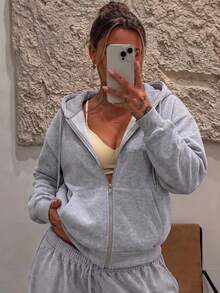 女款寬鬆全拉鍊針織連帽外套，附抽繩，保暖內裡長袖中長版街頭風夾克，適合冬季穿著 - 淺灰色 - 查看 1