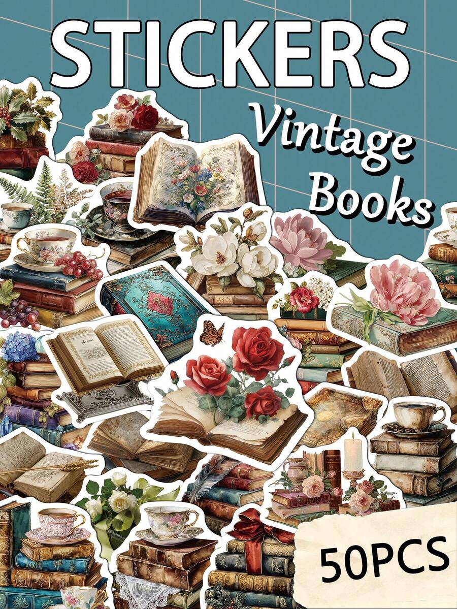 50pcs Vintage Book Stickers For Planners Notebooks Laptop Cases Phone Cases Suitcases And Guitars Stickers - A - View 1
