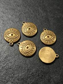3/5pcs Vintage Sun Pattern Evil Eye Round Pendant, 18K Gold Stainless Steel Material, DIY Handmade Bracelet Necklace Earring Jewelry Accessories - Yellow Gold - View 2