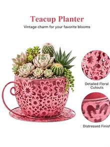 1PC Vintage Metal Tea Cup Planter, Retro Flower Pot, Hollow Floral Metal Planter, Succulent Pot, Small Plant Container, Herb Planter, Indoor Outdoor Garden Decor, Patio Balcony Decoration, Christmas Halloween Easter New Year Decor, Housewarming Gift - Vintage Metal Tea Cup Planter - View 3