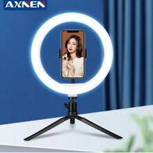 AXNEN 10-Inch LED Selfie Ring Light With Desktop Tripod Stand, Round Lamp For Makeup/Live Streaming, Desktop Camera LED Ring Light With Tripod And Phone Holder, Suitable For Live Streaming/Photography/Video Recording/Vlog - Black - View 1