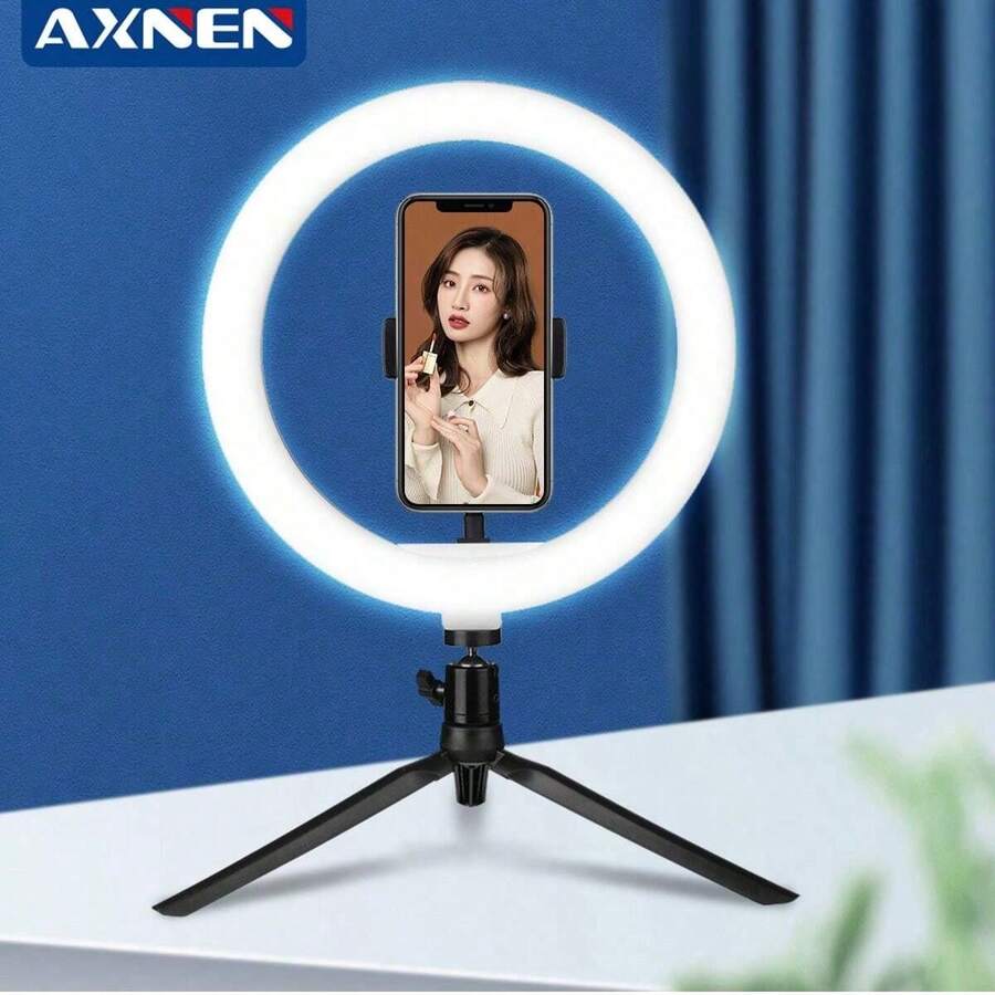 AXNEN 10-Inch LED Selfie Ring Light With Desktop Tripod Stand, Round Lamp For Makeup/Live Streaming, Desktop Camera LED Ring Light With Tripod And Phone Holder, Suitable For Live Streaming/Photography/Video Recording/Vlog - Black - View 1