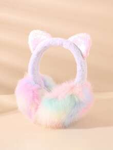 1pc Rainbow Fuzzy Children Ear Muffs, Cute Sequin Cat Ear Girls Headband Earmuffs, Lightweight Ear Warmers For Daily Outdoor Use - Multicolor - View 8