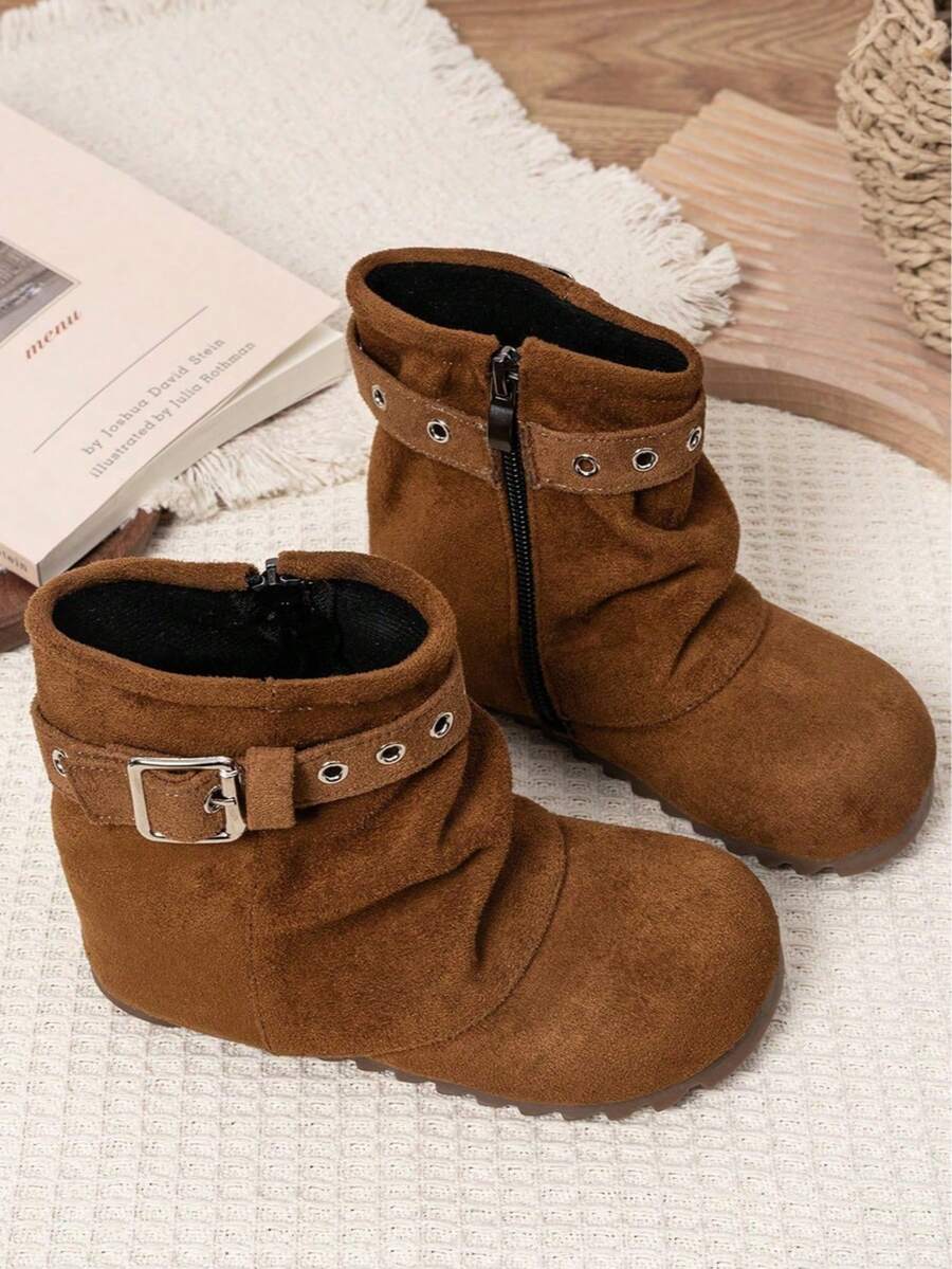Bốt cổ ngắn Ids đính khuyên mắt cáo và khóa cài, đế xếp tầng, khóa kéo bên hông, cổ nhăn, phong cách thường ngày dạo phố - Lạc đà - Xem 1