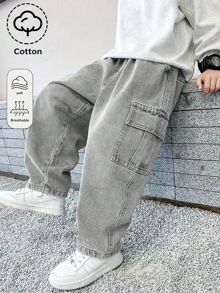 Tween Boy's Fashionable Straight Leg Casual Denim Jeans - Grey - View 1