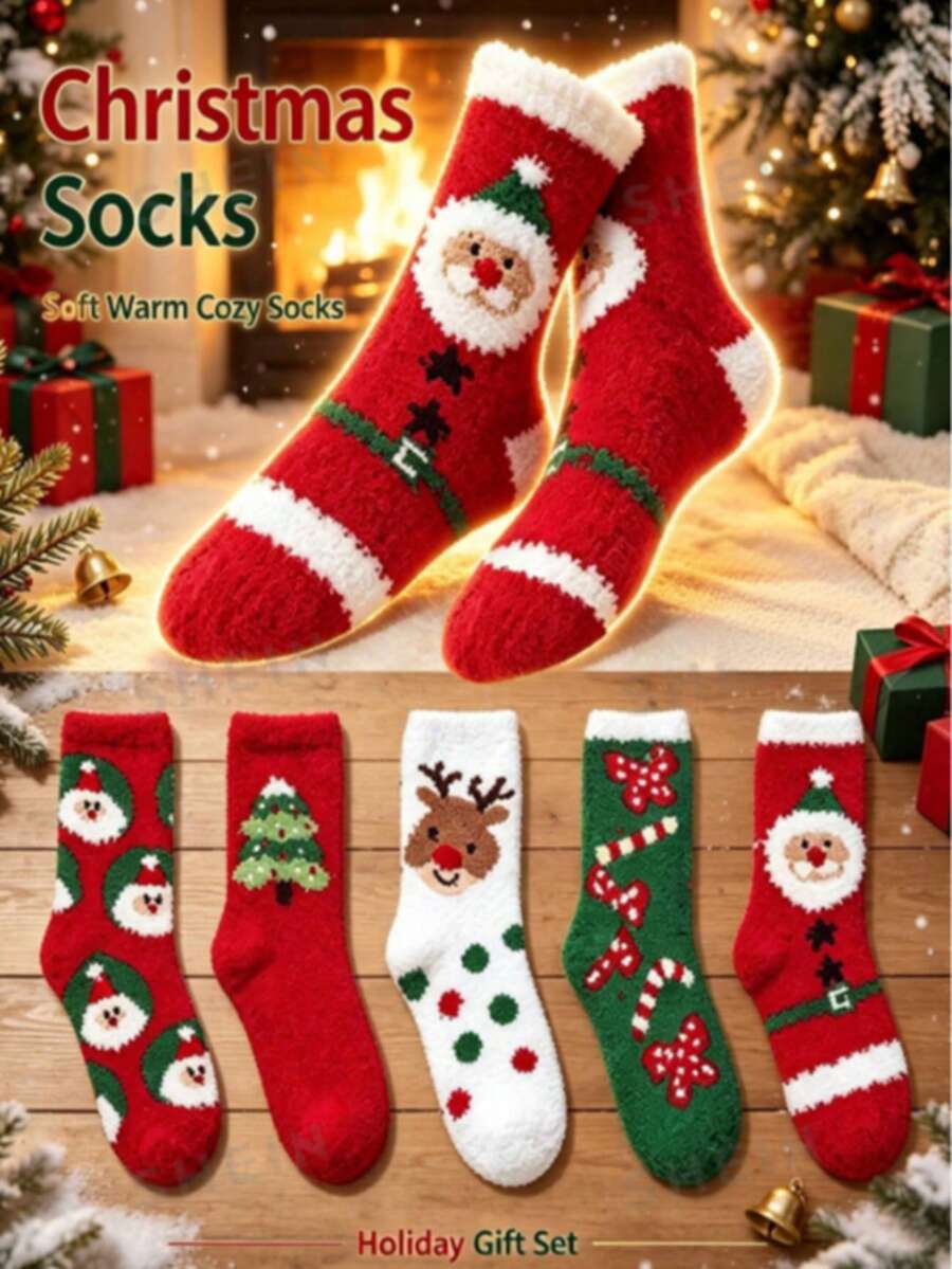 1/3/6 Pairs Women's Christmas Cartoon Mid-Calf Socks, Thickened Home Floor Socks For Autumn/Winter - Multicolor - View 1