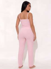 Sweet & Cute Women's Pajama Set, Backless Bow Camisole + Long Pants, Ribbed Knit Elastic Soft Pink Eye-Catching Campus - Pink - View 6