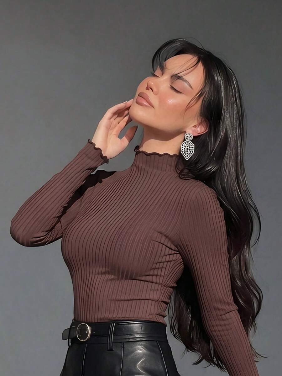 Elegant Minimalist Frill Trim Mock Neck Ribbed Long Sleeve Slim Fit Stretch Base Layer Top, Flattering Innerwear For Commuting Autumn Winter - Brown - View 1