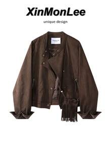 Korean Classic Retro Short Suede Asymmetric Button Design Jacket Coat For Evening Date, Campus, Daily Wear, Autumn/Winter - Brown - View 8
