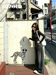 Korean Style Polka Dot Henley Collar Long Sleeve Slim Fit Flattering Casual T-Shirt - Black - View 4