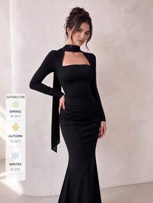 SUNSTORY Women's Autumn Black Square Neck Square Neck Bow Long Sleeve Ruched Waist Mermaid Mid-Length Dress, Suitable For Dating, Party, Christmas, New Year, Back To School Dance - Black - View 5