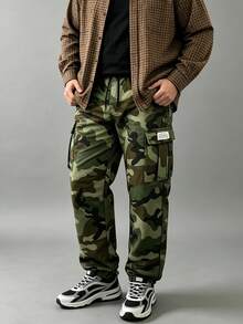Men's Plus Size Camouflage Cargo Pants, Autumn/Winter, Tapered Leg, Elastic Waistband, For Tall Men - Green - View 8