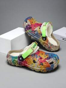 New Men's Plus Size Padded Slippers, Graffiti Design Clogs, Winter Warm Garden Shoes, Suitable For Home Wear - Multicolor - View 2