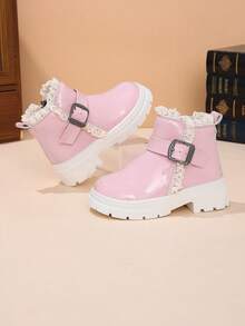 1 Pair Girls' Lace Trim Simple Thick Sole Ankle Boots, Autumn/Winter Vintage Buckle Side Zipper Campus British Style Non-Slip Boots - Pink - View 5