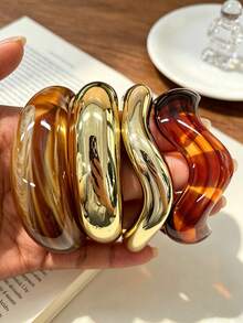 4/1pc Vintage Minimalist Wave-Shaped Acrylic CCB Material Women's Open Ring Bangle Set, Suitable For Daily Wear, Stackable, Perfect Gift Choice For Holidays - Multicolor - View 3