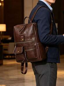 Men's Vintage Leather Backpack, Casual Business Rucksack With Multiple Zipper Pockets, Classic Travel School Bag For Men - Coffee - View 3