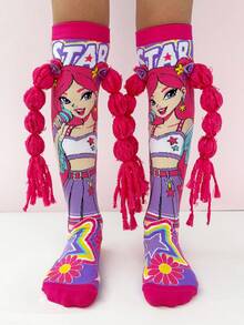1pair Girls Rock Star Cartoon Print Knee High Socks, DIY 3D Braids Design, Fun Novelty Crazy Socks For Party Costume & Birthday Gift - Hot Pink - View 9