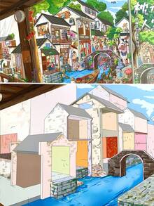 Large Panoramic 3D Scene Sticker Set, Miniature Town Water Park Art Gallery DIY Scene Stickers, Adult Craft Materials, Customizable Framable Wall Art Decor, Autumn Thanksgiving Christmas Handmade Gift - A - View 5