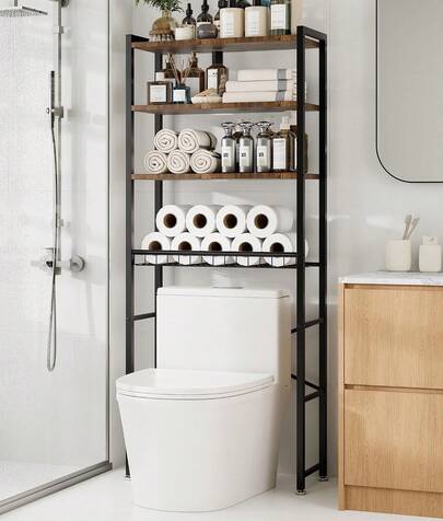 4-Tier Over-The-Toilet Storage Rack With One-Piece Wooden Shelves & Open Net Basket, Bathroom Organizer With Adjustable Feet & Anti-Tip Kit, Space-Saving Toilet Shelf, Brown, 62W*24D*176H Cm