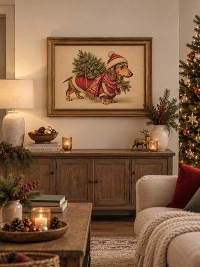 1pc Christmas Dachshund Wall Art Picture Cute Santa Dog With Xmas Tree Canvas Print Painting|Vintage Watercolor Christmas Home Decor For Bedroom,Living Room Or Office,Cozy Holiday Poster,Cottagecore Christmas,Xmas Gift For Her/Him,Unframed Or Framed