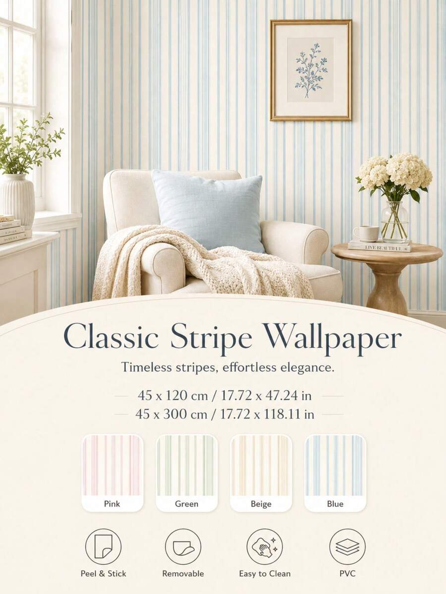 SUPSTICKER 1PC Peel And Stick Stripe Wallpaper, Removable PVC Wall Decal, Modern Vertical Line Wall Covering For Bedroom Living Room Home Decor, 4 Styles - Multicolor - View 1