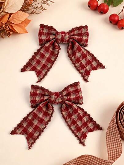 2pcs Kid Girl's Casual Versatile School Style Burgundy Plaid Bow Ribbon Hair Clip,Tartan Bow For Autumn Winter Daily,Children Girls' Hair Accessories.