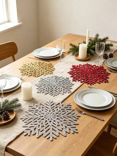 1/4/6/10pcs, Christmas Snowflake Placemats Heat-Insulating Pads, Suitable For Wedding Party Table Decoration Placemats, PVC Gold Foil Placemats Minimalist Fashion Table Mats, Coffee Machine Pads, Non-Slip Heat-Insulating Pads, Suitable For Wedding Party, Holiday Celebration, Picnic Camping, Birthday Party Table Decoration Placemats, Christmas Placemats