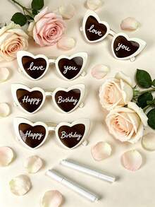 4/8 Pairs Tea Color Heart-Shaped Fashion Decorative Glasses, Unisex, With DIY White Pen, Birthday Party Wedding Glasses - Glasses - View 2