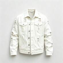 Men's Oversized Denim Jacket White Ripped Distressed Trucker Coat - White - View 9