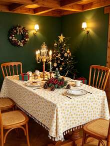 1pc Christmas Tablecloth, Christmas Gold Foil Bell Design, Rectangular Tablecloth, Beige Tassel Decoration, Coffee Table, Bedside Table, Cabinet, Small Table Cover, Tabletop Decor, Holiday, Party Decoration, Suitable For Kitchen, Dining Room, Gathering, Dining, Holiday, Party, New Year Decoration, Christmas Decoration, Gift, Merry Christmas - Yellow - View 1