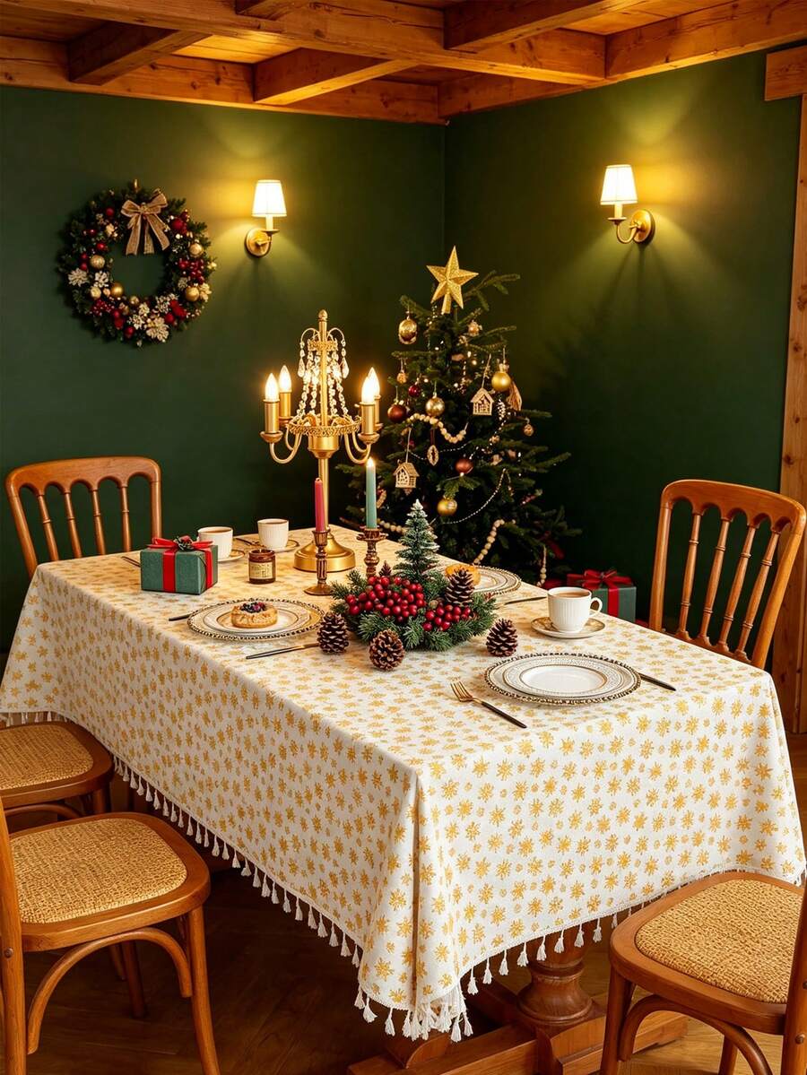 1pc Christmas Tablecloth, Christmas Gold Foil Bell Design, Rectangular Tablecloth, Beige Tassel Decoration, Coffee Table, Bedside Table, Cabinet, Small Table Cover, Tabletop Decor, Holiday, Party Decoration, Suitable For Kitchen, Dining Room, Gathering, Dining, Holiday, Party, New Year Decoration, Christmas Decoration, Gift, Merry Christmas - Yellow - View 1