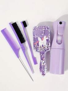 5pcs Unicorn Cartoon Hair Comb Set, Continuous Spray Water Bottle, Hair Styling Comb, Travel Portable Tools, Suitable For All Hair Types - Multicolor - View 3