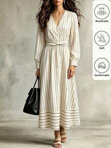 Women's Striped V-Neck Casual Spring/Autumn Travel Minimalist Cinched Waist Dress - Apricot - View 8